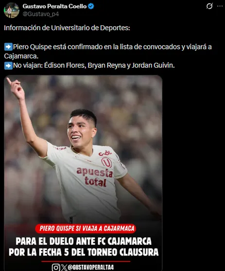 Quispe viaja a Cajamarca (X @Gustavo_p4).