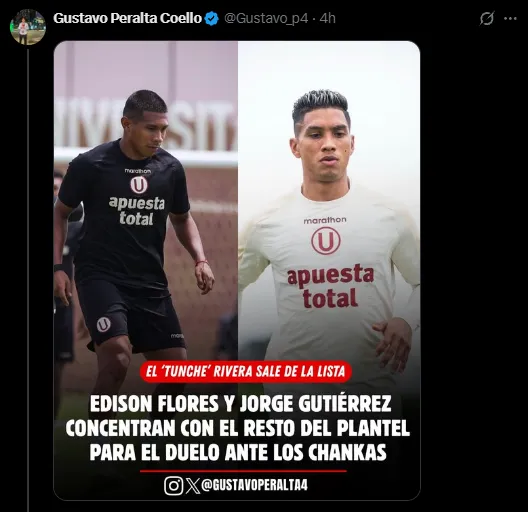 Novedades en la convocatoria de Universitario (X @Gustavo_p4).