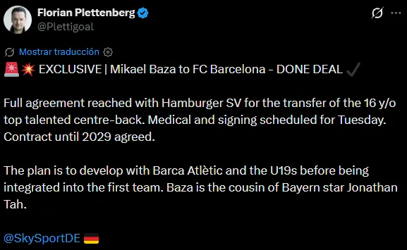 Los detalles de la llegada de Mikael Baza al Barcelona (X @Plettigoal).
