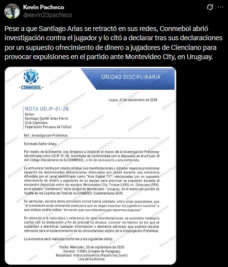 La citación a Santiago Arias (X @kevin23pacheco).