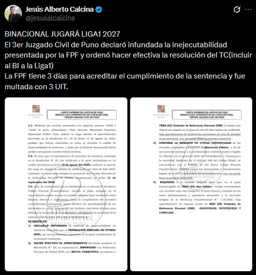 Esto dice la resolución para la vuelta de Binacional a Liga 1 (X @jesusalcalcina).