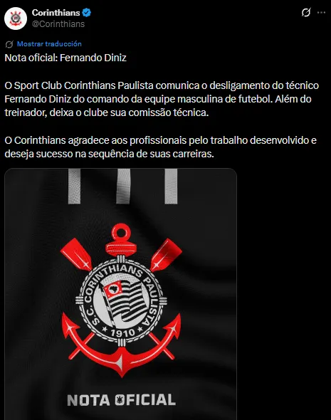 El comunicado oficial de Corinthians con la salida de Diniz (X @Corinthians).