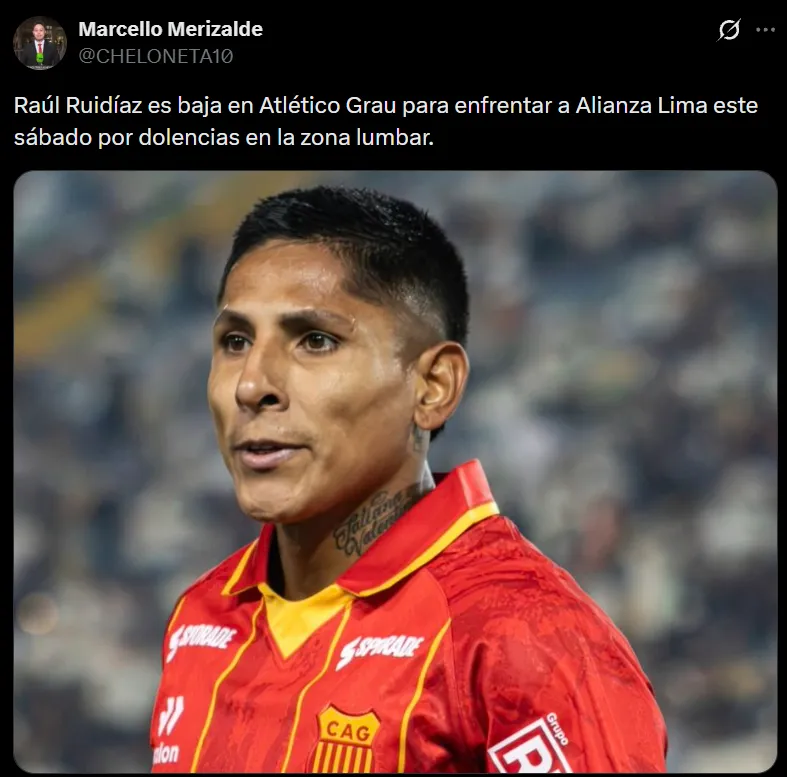 Raúl Ruidíaz, out ante Alianza Lima (X @CHELONETA10).