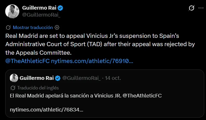 Real Madrid llevará la sanción de Vinícius al TAD (X @GuillermoRai_).