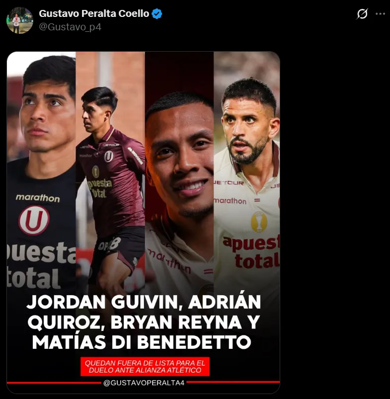 Los borrados por Bustos para el partido ante Alianza Atlético (X @Gustavo_p4).