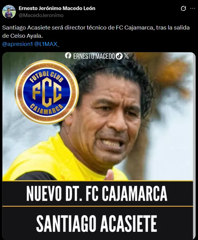 Santiago Acasiete, el nuevo DT de FC Cajamarca (X @MacedoJeronimo).