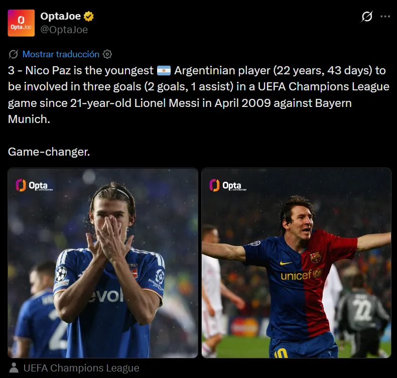 Nico Paz, a la altura de Messi en Champions League (X @OptaJoe).