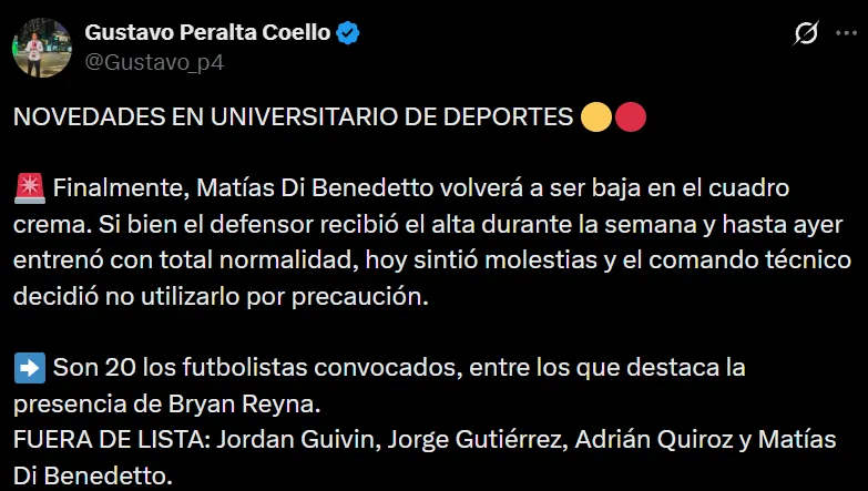 Di Benedetto, baja en Universitario (X @Gustavo_p4).
