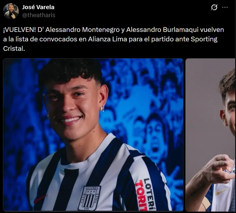 Montenegro y Burlamaqui vuelven en Alianza Lima (X @theataris).