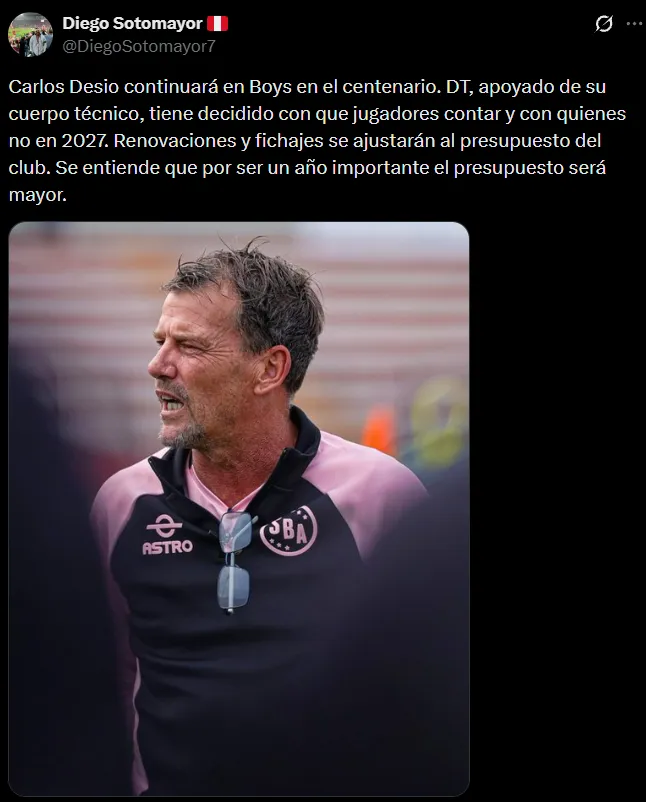 Desio tiene todo listo para seguir en el Boys (X @DiegoSotomayor7).