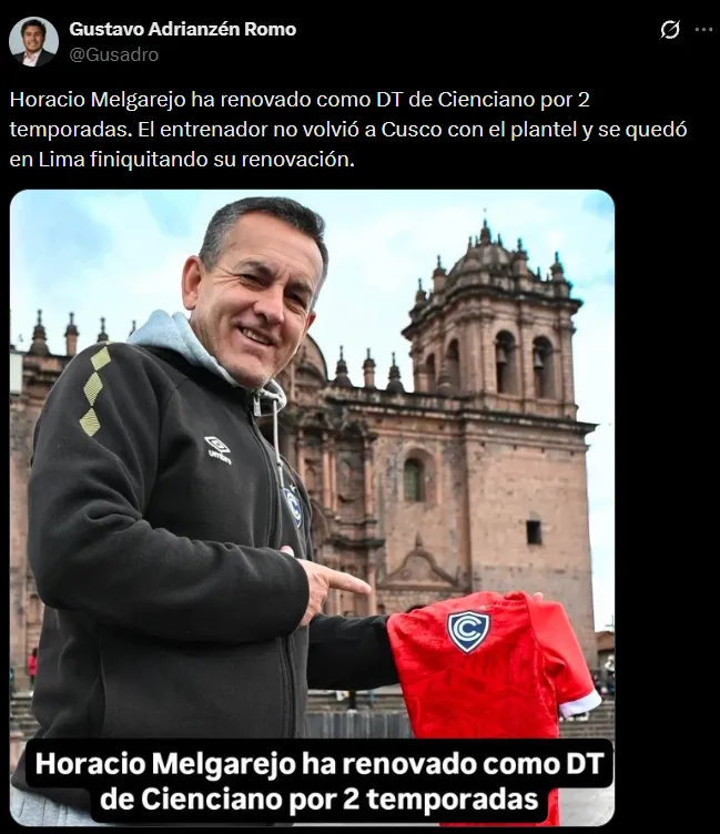 Melgarejo sigue en Cienciano (X @Gusadro).