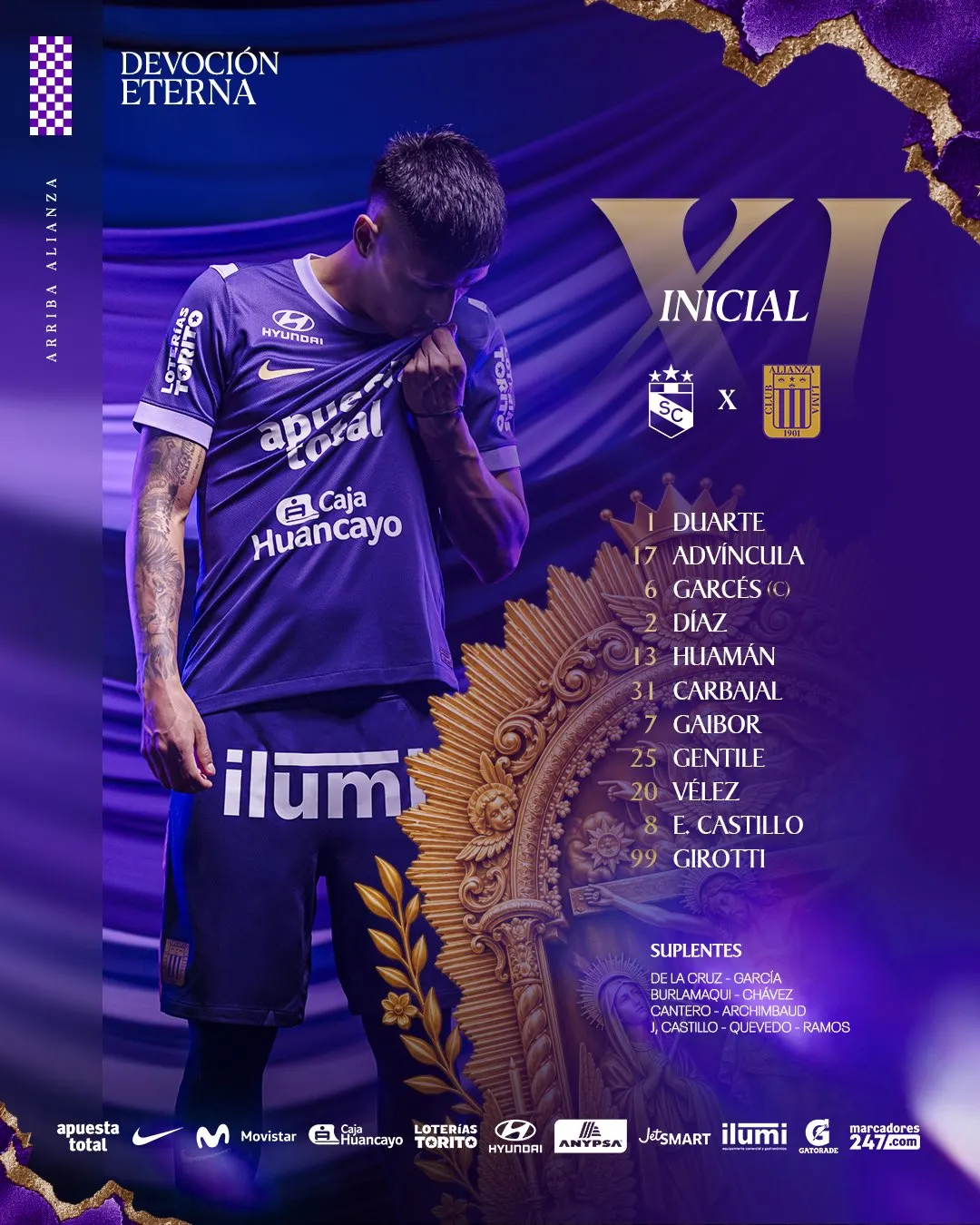 Alineación de Alianza Lima vs. Sporting Cristal. (Foto: X).