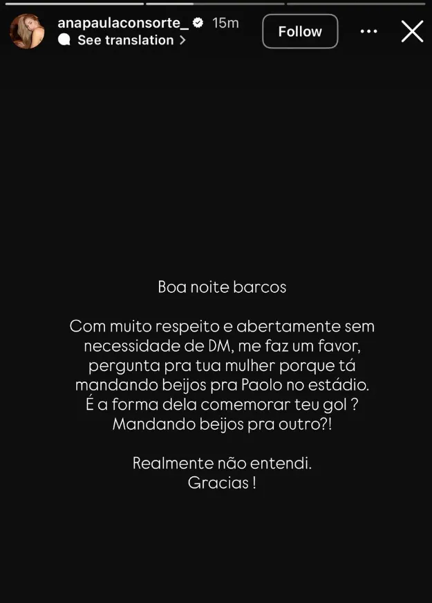 El mensaje de Ana Paula Consorte a Barcos (Instagram @anapaulaconsorte_).