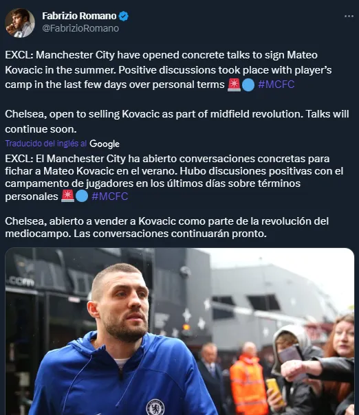 Kovacic, en charlas con Manchester City (Twitter @FabrizioRomano).