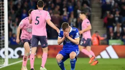 LEICESTER, ENGLAND - MAY 01: Jamie Vardy of Leicester City reacts after a missed chance during the Premier League match between Leicester City and Everton FC at The King Power Stadium on May 01, 2023 in Leicester, England. (Photo by Michael Regan/Getty Images)