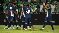 HAIFA, ISRAEL - SEPTEMBER 14: Kylian Mbappé of Paris Saint-Germain celebrates with Lionel Messi after socirng his team's third goal during the UEFA Champions League group H match between Maccabi Haifa FC and Paris Saint-Germain at Sammy Ofer Stadium on September 14, 2022 in Haifa, Israel. (Photo by Amir Levy/Getty Images)
