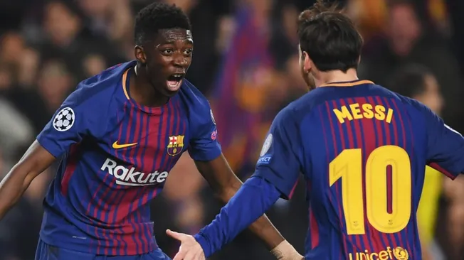 Dembélé y Messi, en Barcelona un partido de marzo de 2018 (Getty Images)