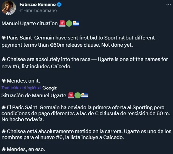 La situación de Manuel Ugarte, según Fabrizio Romano (Twitter @FabrizioRomano).