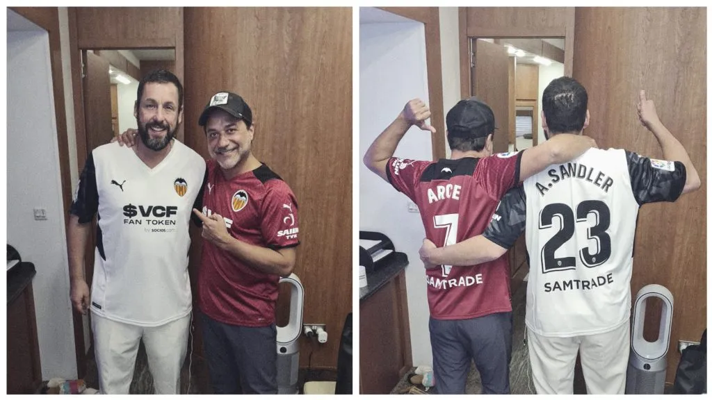 Enrique Arce junto a Adam Sandler con la indumentaria che. El actor, aunque lleva el valencianismo en las venas, consideró como ”indeseables” a los hinchas que insultaron a Vinícius. @valenciacf