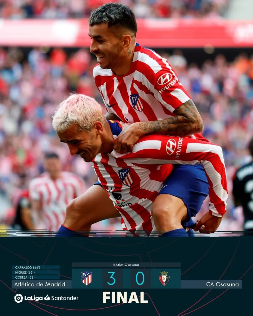 Atlético de Madrid venció 3 a 0 a Osasuna en el Estadio Metropolitano. @Atleti