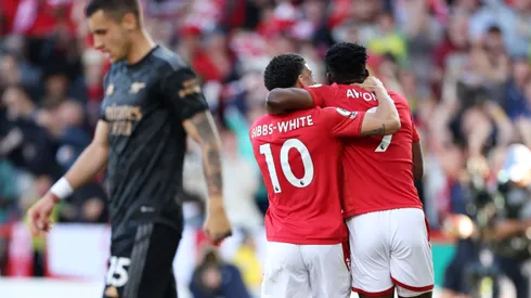 NOTTINGHAM, ENGLAND - MAY 20: Taiwo Awoniyi celebrates with Morgan Gibbs-White of Nottingham Forest after scoring the team's first goal during the Premier League match between Nottingham Forest and Arsenal FC at City Ground on May 20, 2023 in Nottingham, England. (Photo by Catherine Ivill/Getty Images)