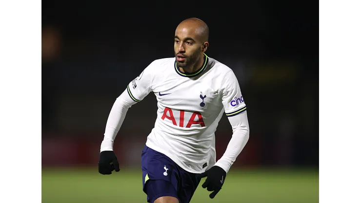 BOREHAMWOOD, ENGLAND - JANUARY 27: Lucas Moura of Tottenham Hotspur during the Premier League 2 match between Arsenal and Tottenham at Meadow Park on January 27, 2023 in Borehamwood, England. (Photo by Alex Pantling/Getty Images)