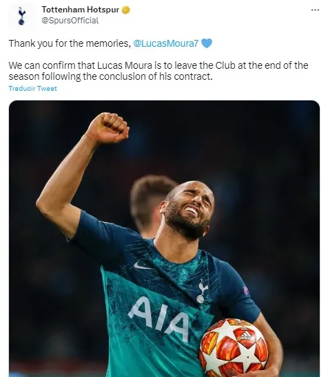 El anuncipo de Tottenham con la ida de Lucas. Twitter.