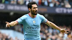 MANCHESTER, ENGLAND - MAY 06: Ilkay Guendogan of Manchester City celebrates after scoring their sides first goal during the Premier League match between Manchester City and Leeds United at Etihad Stadium on May 06, 2023 in Manchester, England. (Photo by Gareth Copley/Getty Images)