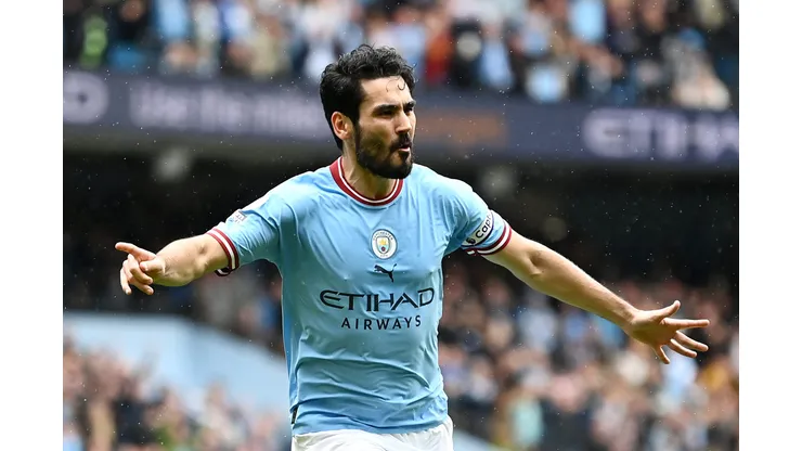 MANCHESTER, ENGLAND - MAY 06: Ilkay Guendogan of Manchester City celebrates after scoring their sides first goal during the Premier League match between Manchester City and Leeds United at Etihad Stadium on May 06, 2023 in Manchester, England. (Photo by Gareth Copley/Getty Images)