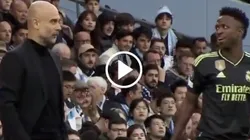 El cruce entre Guardiola y Vinicius en pleno partido.