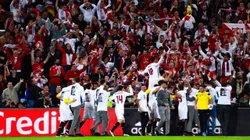 BASEL, SWITZERLAND - MAY 18: Sevilla players celebrate their 3-1 win in front of their supporters after the UEFA Europa League Final matach between Liverpool and Sevilla at St. Jakob-Park on May 18, 2016 in Basel, Basel-Stadt. (Photo by David Ramos/Getty Images)