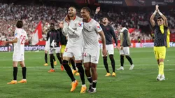 SEVILLE, SPAIN - APRIL 20: Yousseff En-Nesyri celebrates victory with teammate Loic Bade of Sevilla FC after defeating Manchester United during the UEFA Europa League Quarterfinal Second Leg match between Sevilla FC and Manchester United at Estadio Ramon Sanchez Pizjuan on April 20, 2023 in Seville, Spain. (Photo by Gonzalo Arroyo Moreno/Getty Images)