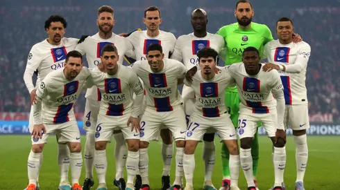 08.03.2023, CL, Champions League, FC Bayern Muenchen vs Paris Saint Germain, Allianz Arena Muenchen, Fussball, im Bild: PSG Kader mit Kylian Mbappe Paris Saint Germain und Lionel Messi Paris Saint Germain vor dem Spiel vs FC Bayern Muenchen *** 08 03 2023, CL, Champions League, FC Bayern Muenchen vs Paris Saint Germain, Allianz Arena Muenchen, football, sports, in picture PSG squad with Kylian Mbappe Paris Saint Germain and Lionel Messi Paris Saint Germain before the match vs FC Bayern Muenchen