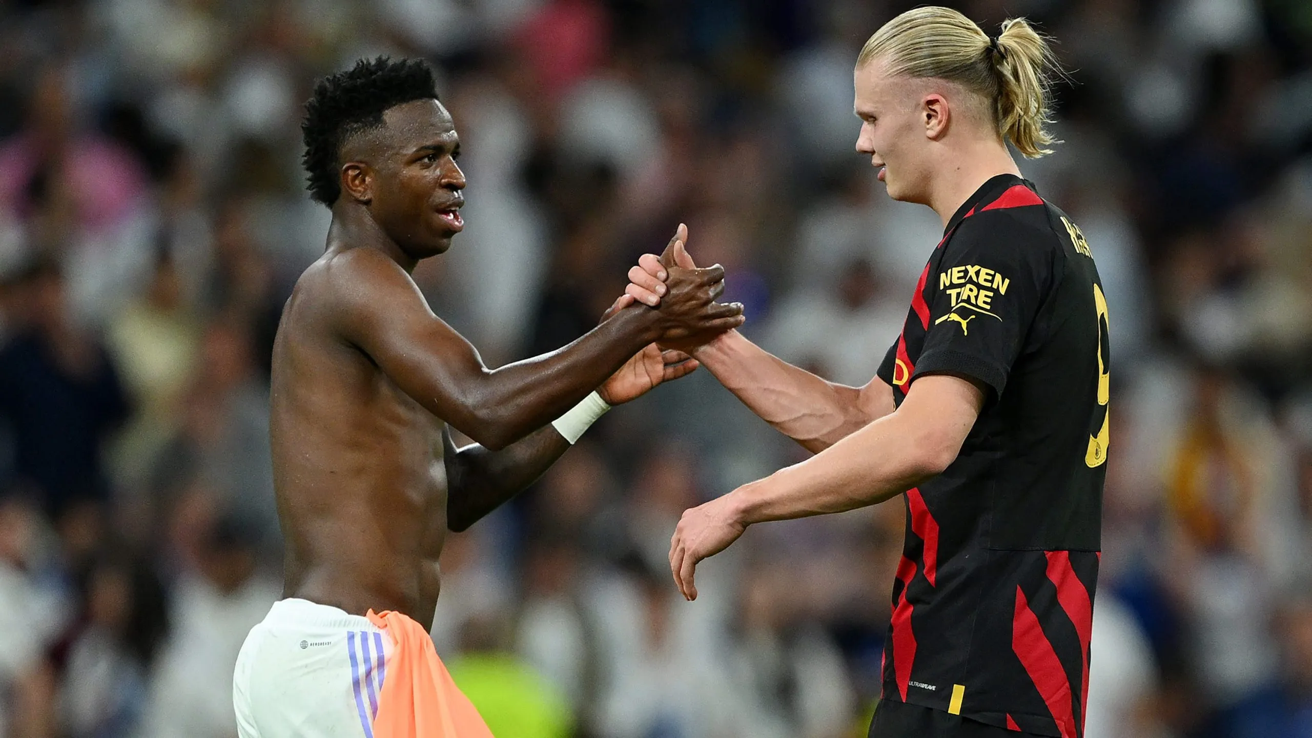 Vinícius Júnior vs. Erling Haaland post Real Madrid vs. Manchester City por la ida de la Semifinal de la Champions League 2022/2023. Getty Images.