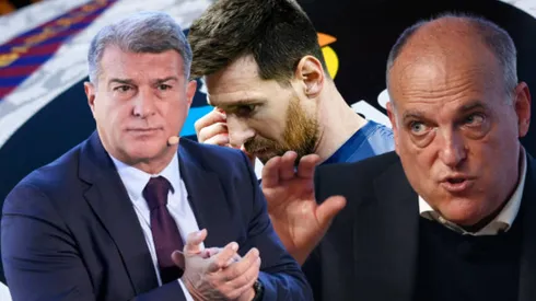 Joan Laporta, Javier Tebas y Lionel Messi.