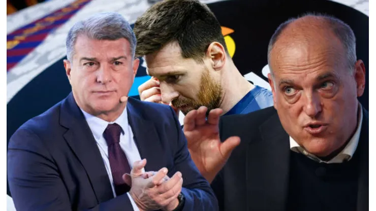 Joan Laporta, Javier Tebas y Lionel Messi.