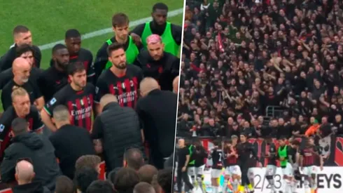 Los jugadores del Milan en el momento del cruce con los ultras post derrota 2 a 0 con Spezia. Captura de transmisión.