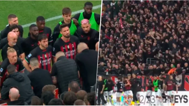 Los jugadores del Milan en el momento del cruce con los ultras post derrota 2 a 0 con Spezia. Captura de transmisión.