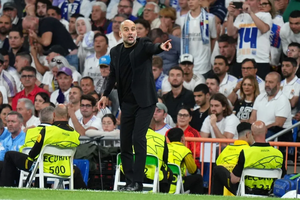 Pep Guardiola durante el juego de ida de la Semifinal de la Champions League entre Real Madrid y Manchester City. Getty Images.