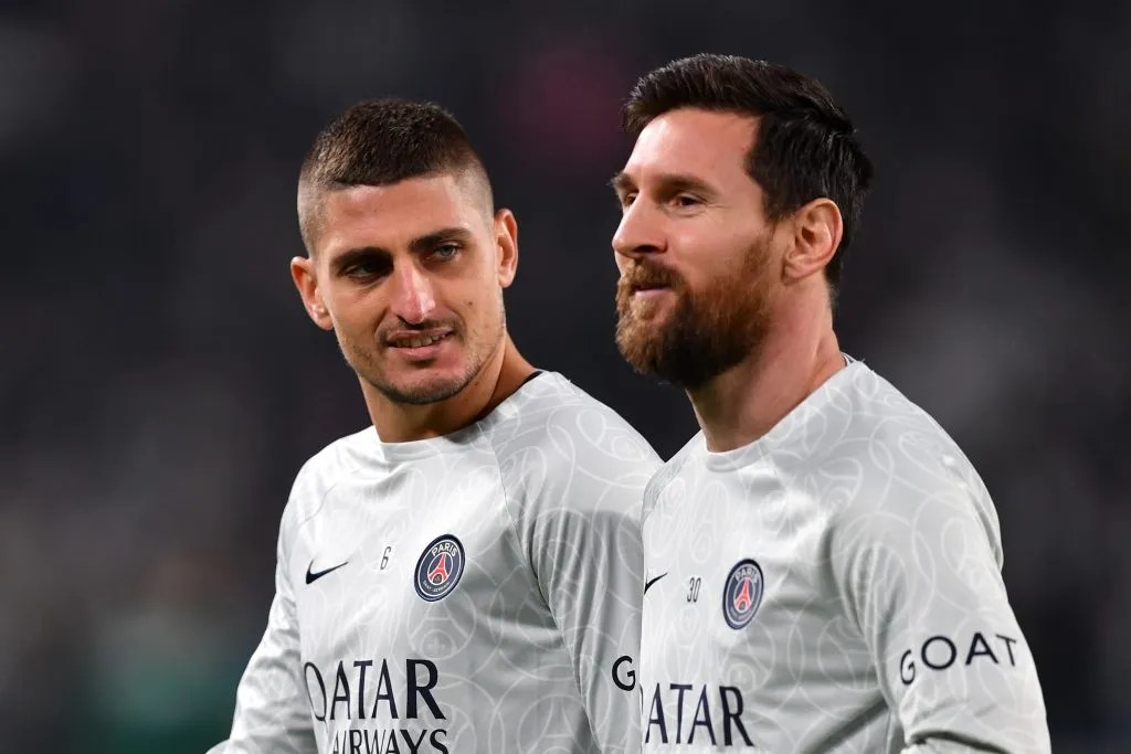 Lionel Messi junto a uno de sus compañeros inseparables en PSG, Marco Verrati. Getty Images.