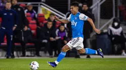 WASHINGTON, DC - FEBRUARY 26: Alan Franco #21 of Charlotte FC kicks the ball against D.C. United during the second half of the MLS game at Audi Field on February 26, 2022 in Washington, DC. (Photo by Scott Taetsch/Getty Images)