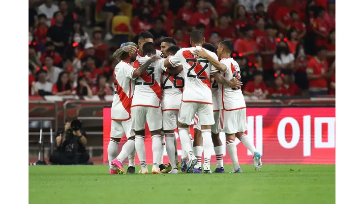 BUSAN, SOUTH KOREA - JUNE 16: Bryan Reyna of Peru celebrates with teammates after scoring his team's first goal during the international friendly match between South Korea and Peru at Busan Asiad Stadium on June 16, 2023 in Busan, South Korea. (Photo by Chung Sung-Jun/Getty Images)