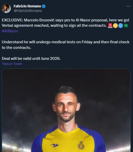 Brozovic se hará la revisión médica el próximo viernes.