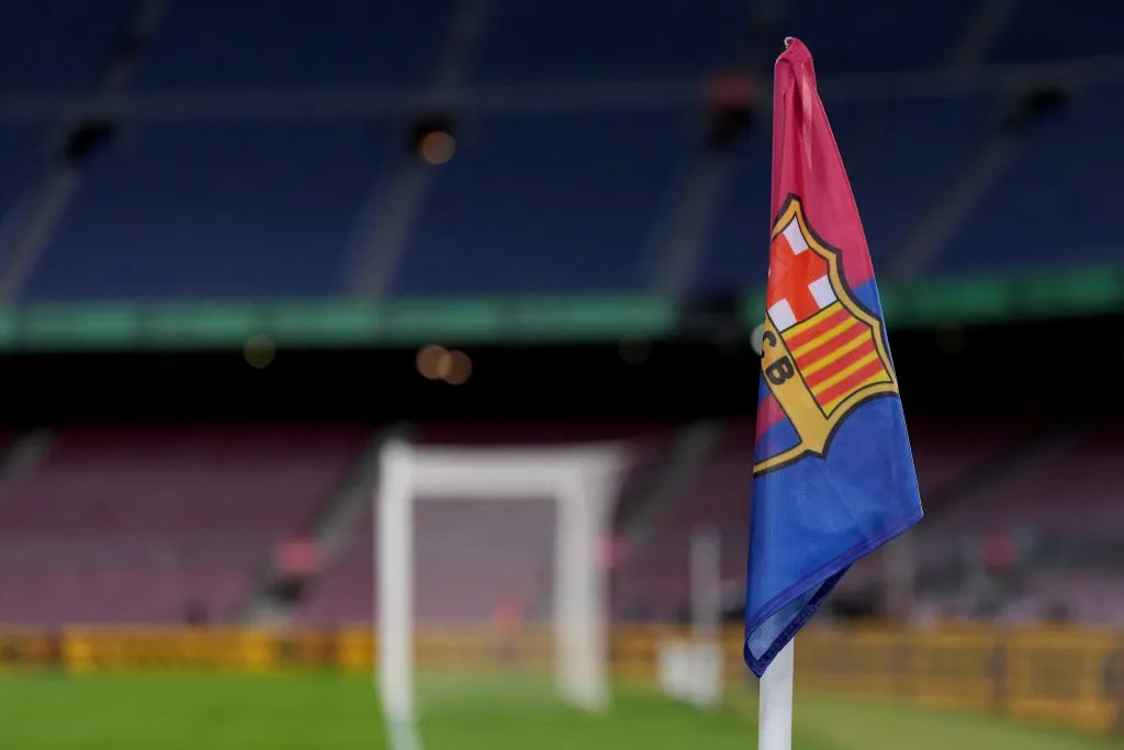 BARCELONA, SPAIN – MARCH 19: A detailed view of a FC Barcelona corner flag is seen prior to the LaLiga Santander match between FC Barcelona and Real Madrid CF at Spotify Camp Nou on March 19, 2023 in Barcelona, Spain. (Photo by Angel Martinez/Getty Images)