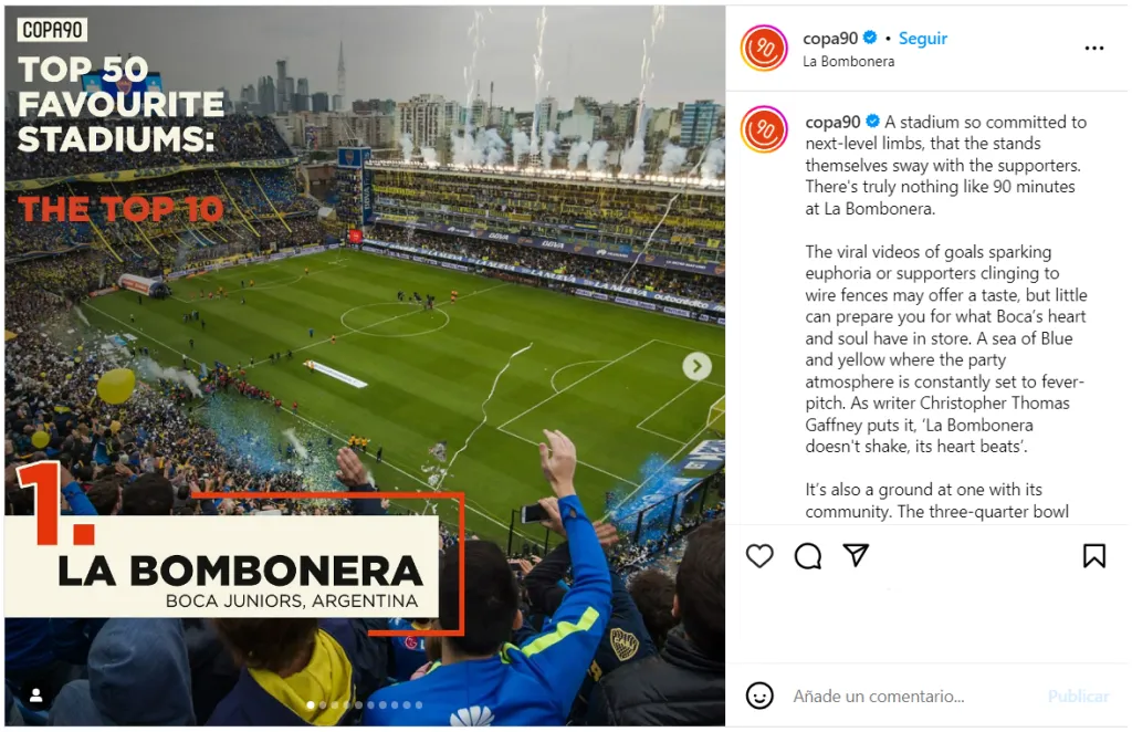 La publicación en la que la Bombonera figura en la cima del ranking. Instagram