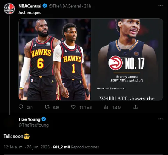 Trae Young reacciona a la posible llegada de LeBron a Hawks (Foto: Twitter / @TheNBACentral