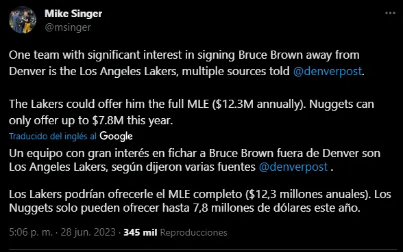 Lakers, interesado en Bruce Brown Jr. (Foto: Twitter / @msinger)
