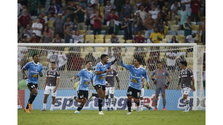 RIO DE JANEIRO, BRAZIL - JUNE 27: Brenner (C) of Sporting Cristal celebrates with teammate Jesús Castillo after scoring the team's first goal during a Copa CONMEBOL Libertadores 2023 Group D match between Fluminense and Sporting Cristal at Maracana Stadium on June 27, 2023 in Rio de Janeiro, Brazil. (Photo by Wagner Meier/Getty Images)