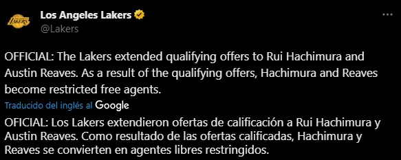 Lakers le extendió ofertas calificadas a Hachimura y Reaves (Foto: Twitter / @Lakers)