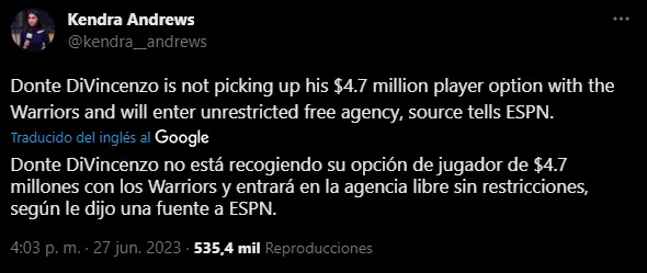 Donte DiVincenzo rechazo seguir en los Warriors (Foto: Twittter / @kendra_andrews)